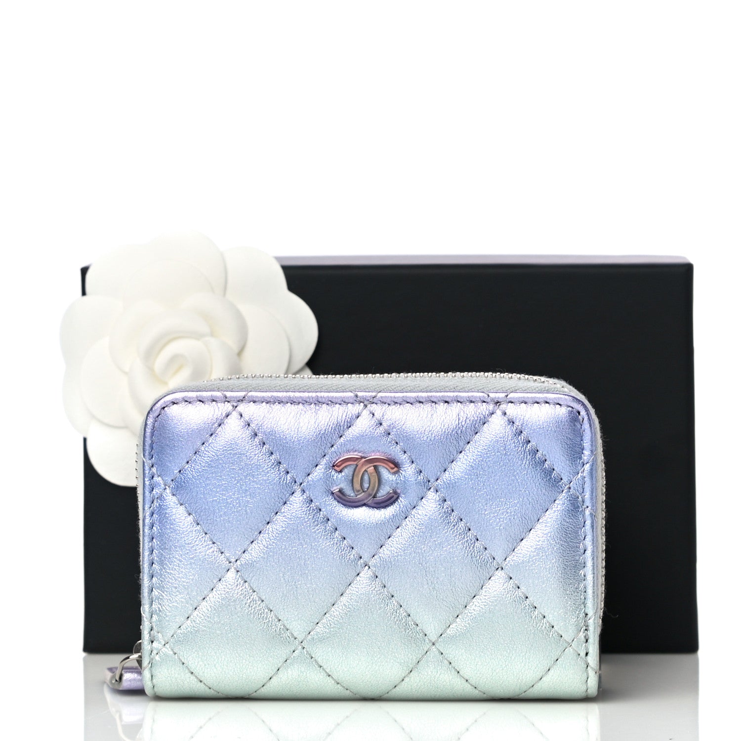 Chanel Gradient Metallic Calfskin Quilted Zip Around Coin Purse Wallet Silver Blue Yellow Purple 12 of 12