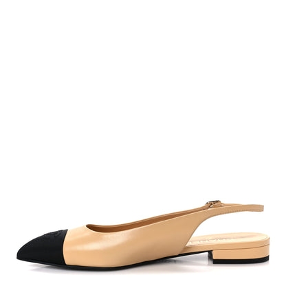 Chanel Goatskin Grosgrain Pointed Toe CC Slingback Flats 40.5 Beige Black 1 of 10
