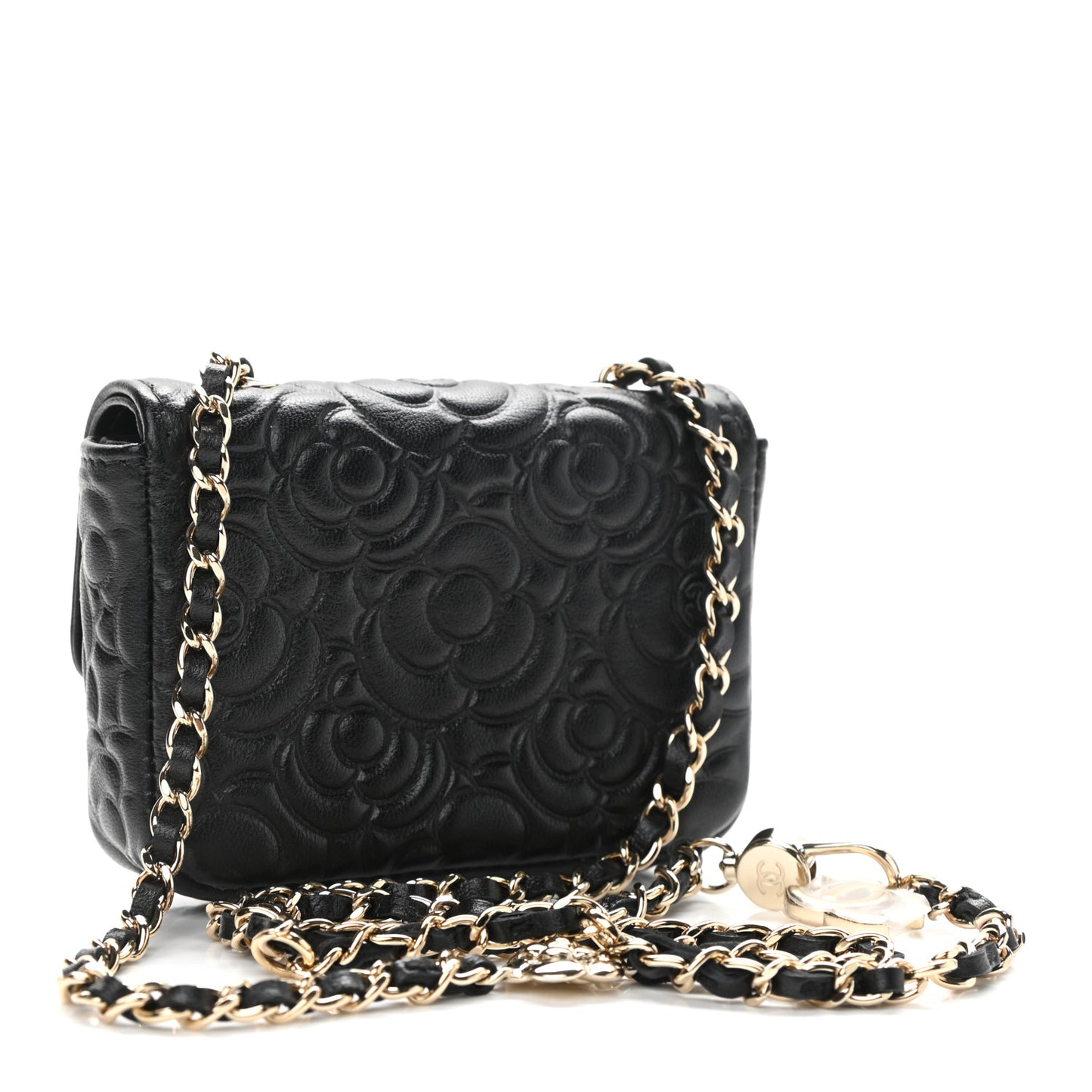 Lambskin Camellia Embossed Chain Belt Bag Black