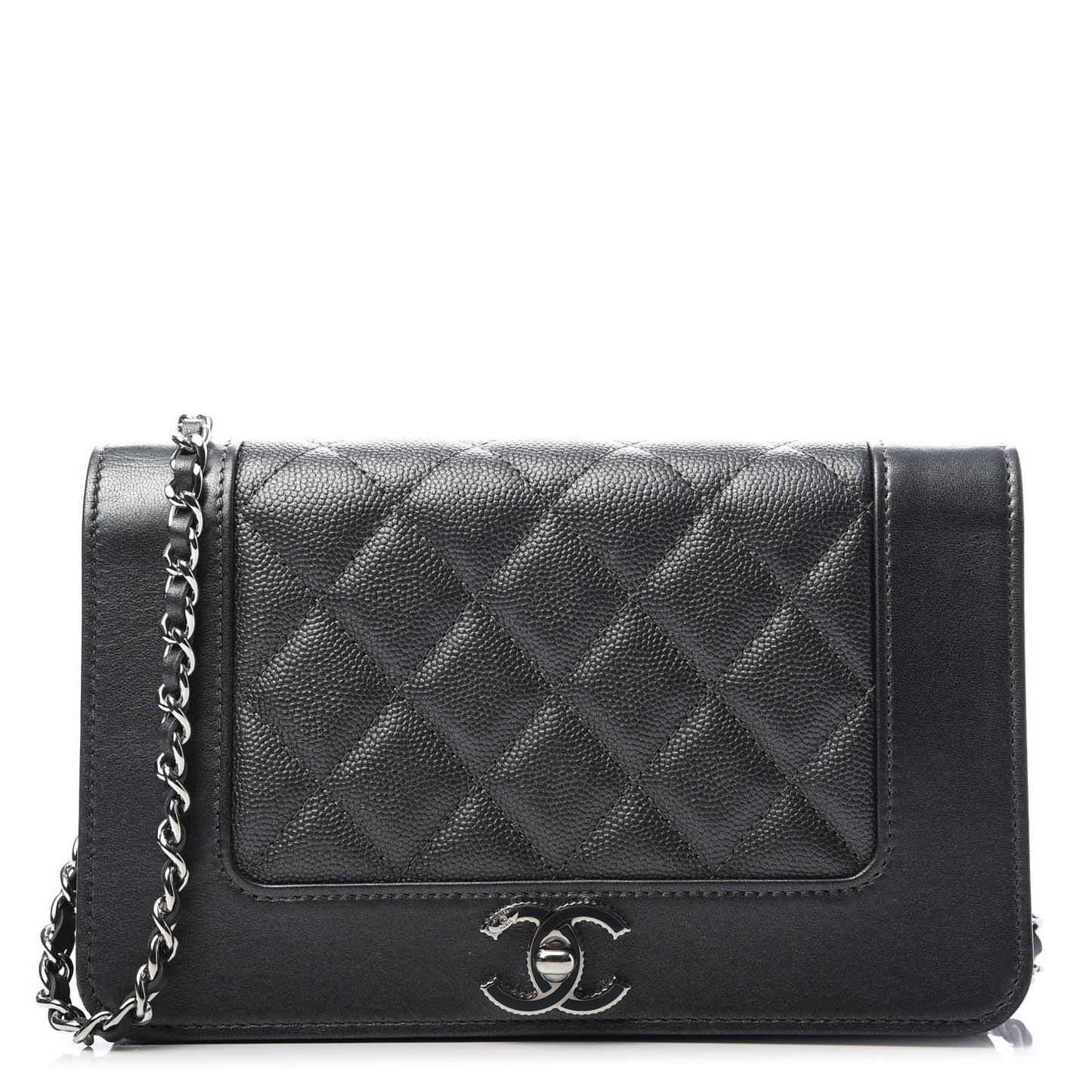 Metallic Caviar Chevron Quilted Vintage Mademoiselle Wallet On Chain WOC Charcoal