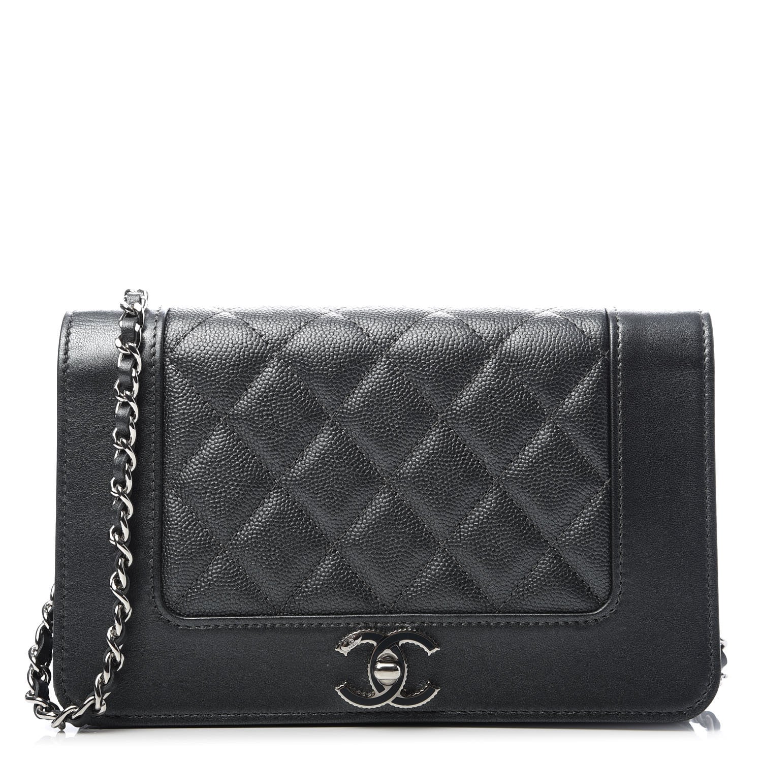 Chanel Metallic Caviar Chevron Quilted Vintage Mademoiselle Wallet On Chain WOC Charcoal 1 of 11