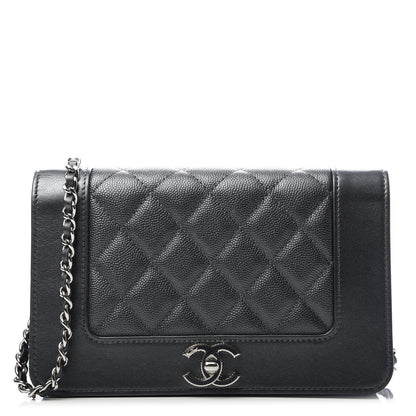 Chanel Metallic Caviar Chevron Quilted Vintage Mademoiselle Wallet On Chain WOC Charcoal 1 of 11