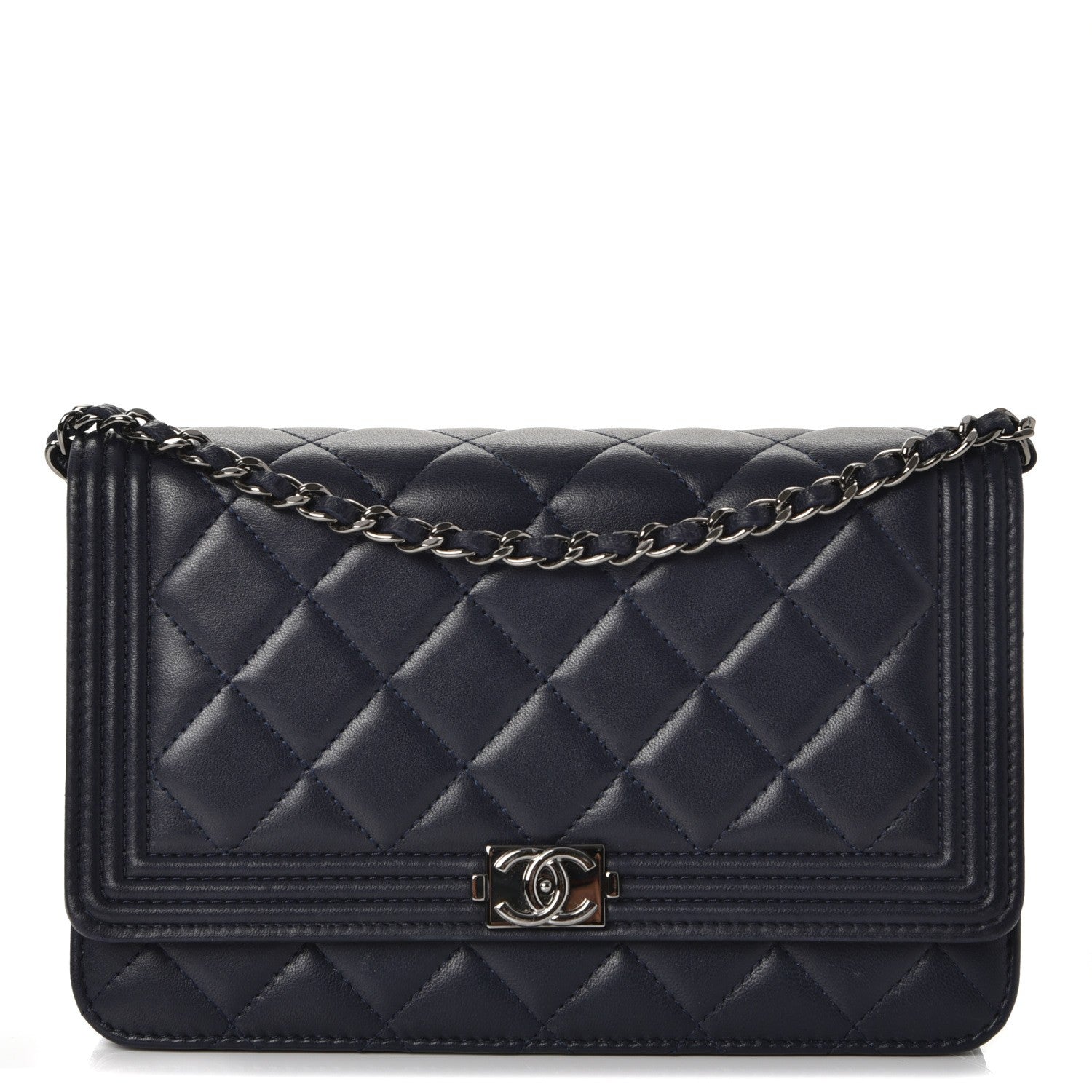 Chanel Lambskin Quilted Boy Wallet On Chain WOC Navy Blue 1 of 12
