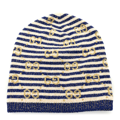 Gucci Cotton Monogram Jumbo GG Beanie Hat S Navy Ivory 1 of 5
