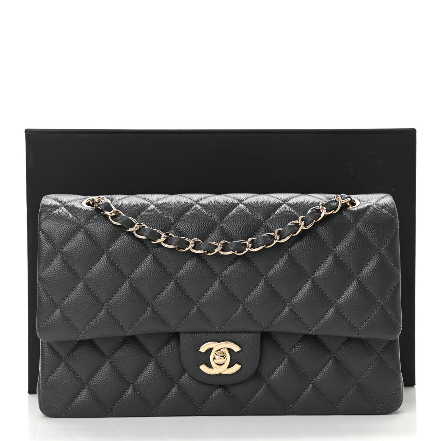 Caviar Quilted Medium Double Flap Dark Grey
