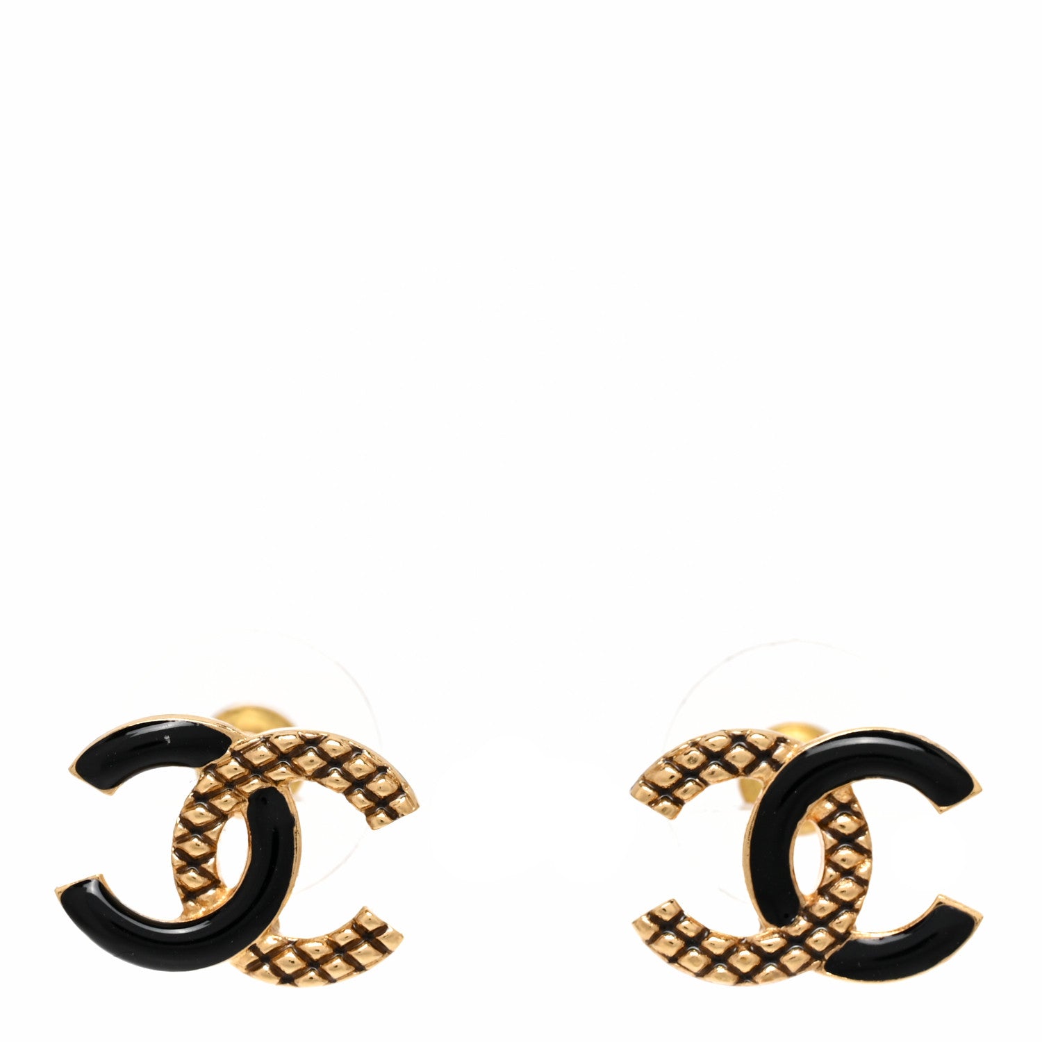 Chanel Enamel Quilted CC Earrings Black Gold 1 of 5