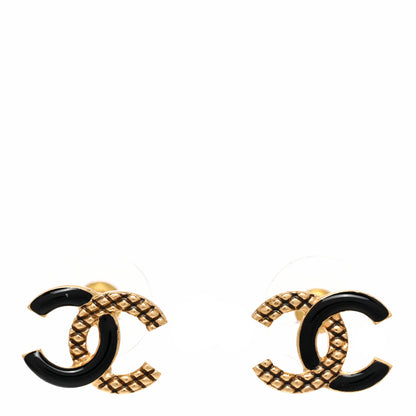Chanel Enamel Quilted CC Earrings Black Gold 1 of 5