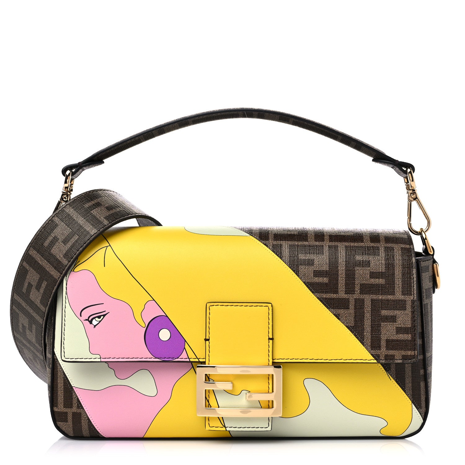 Fendi Glazed Fabric FF 1974 Hairdo Girls Inlay Baguette Mogano Panna Multicolor 1 of 8