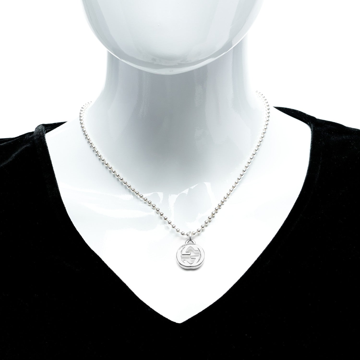 Gucci Sterling Silver Interlocking GG Pendant Beaded Necklace 2 of 7