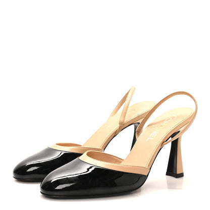 Chanel Patent Lambskin Gabrielle Slingback Pumps 39.5 Beige Black 5 of 9