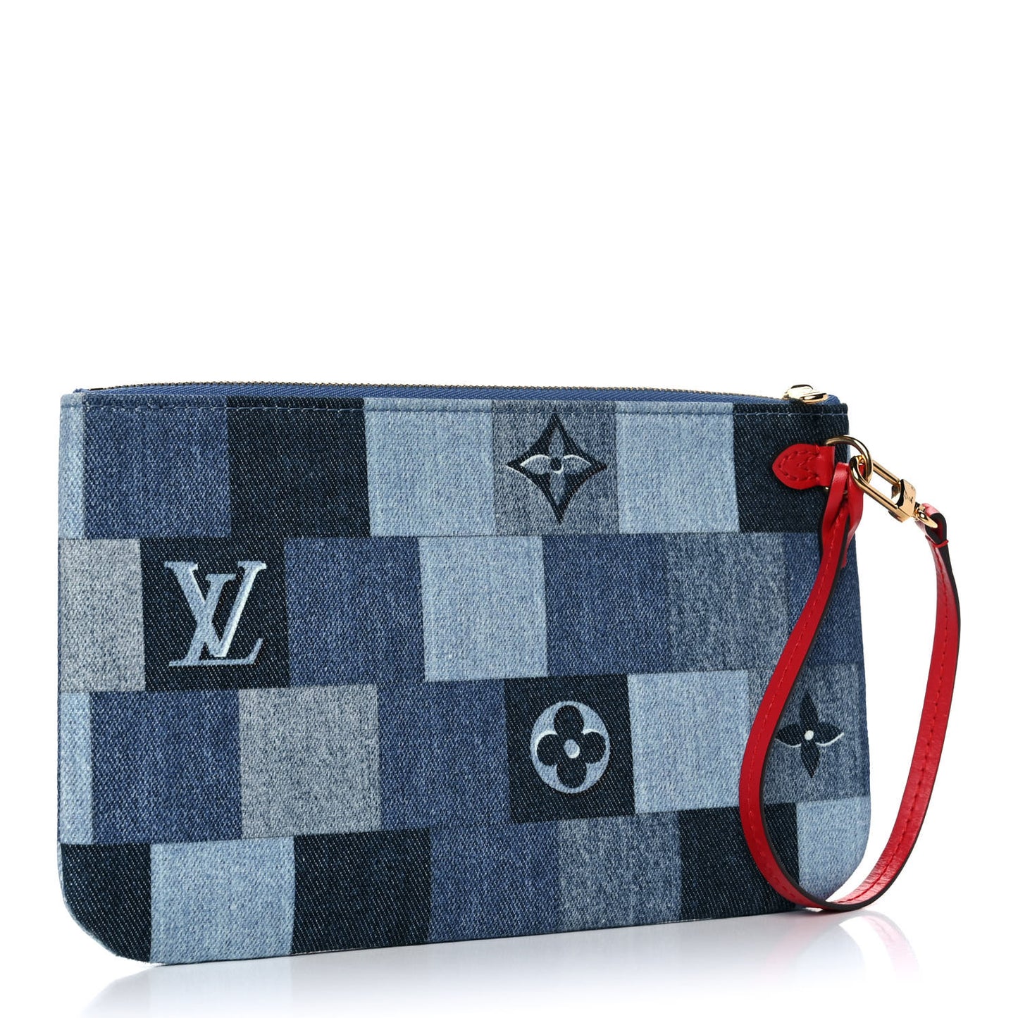 Denim Damier Monogram Patchwork Neverfull MM Pochette Blue Rouge