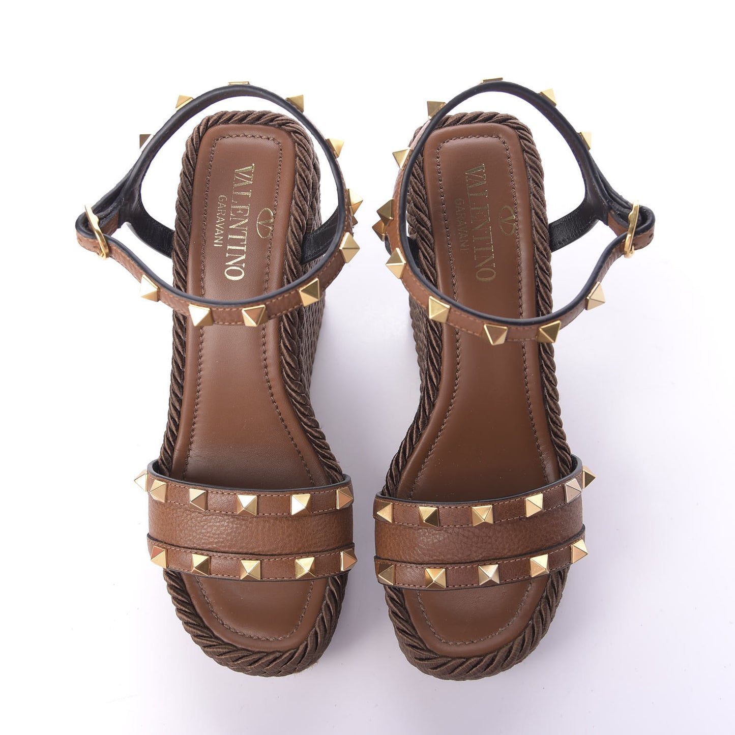 Calfskin Rockstud Torchon Espadrille Wedge Sandals 35 Cuoio
