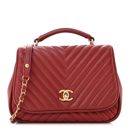 Chanel Lambskin Reverse Chevron Quilted Round Top Handle Flap Red 1 of 11