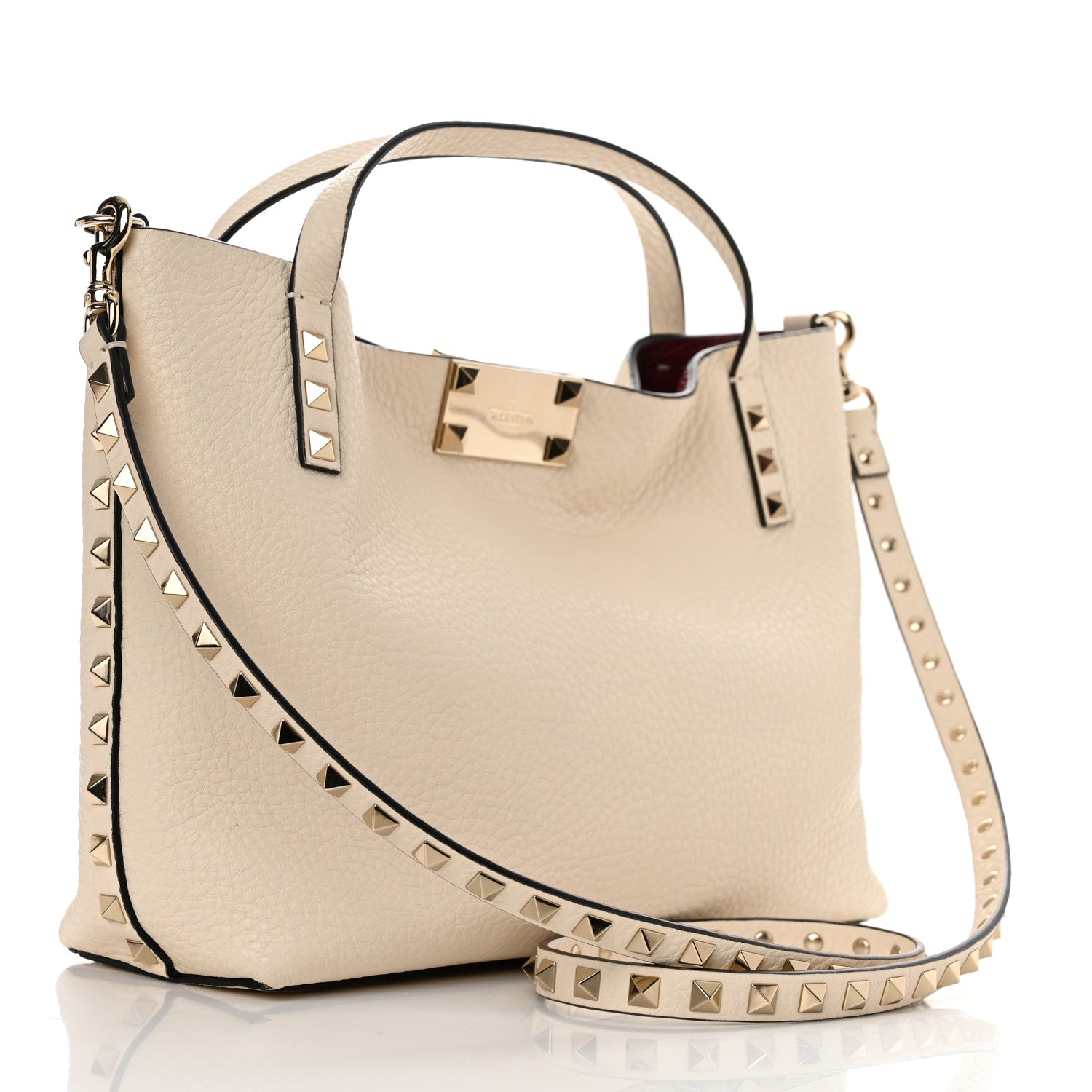Valentino Garavani Grained Calfskin Small Rockstud Flip Lock Tote Light Ivory Rubino 4 of 12