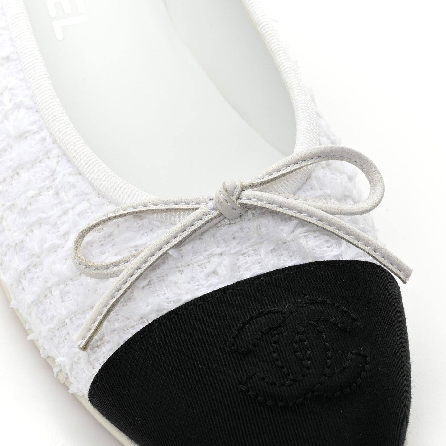Cotton Tweed Grosgrain Cap Toe Ballerina Flats 37.5 White Black
