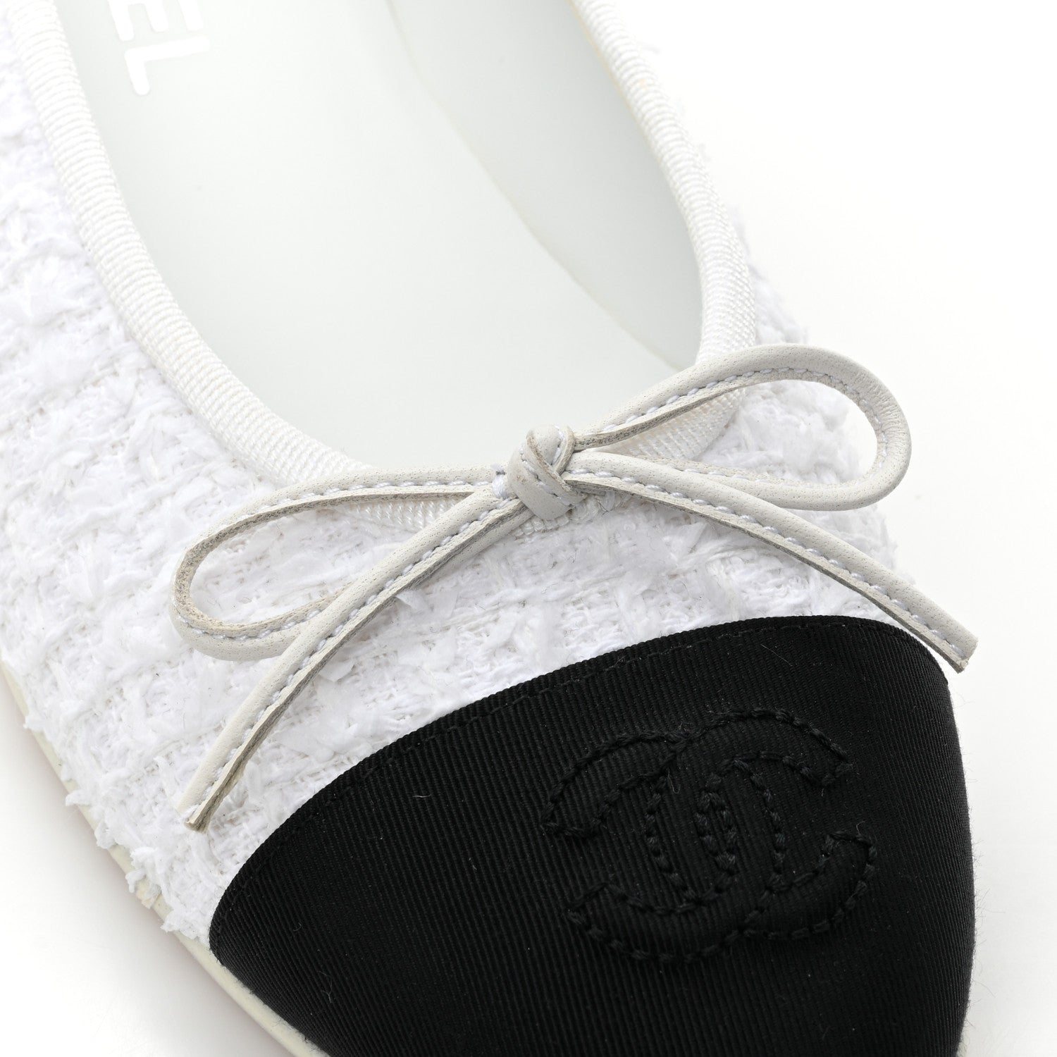 Chanel Cotton Tweed Grosgrain Cap Toe Ballerina Flats 37.5 White Black 9 of 13