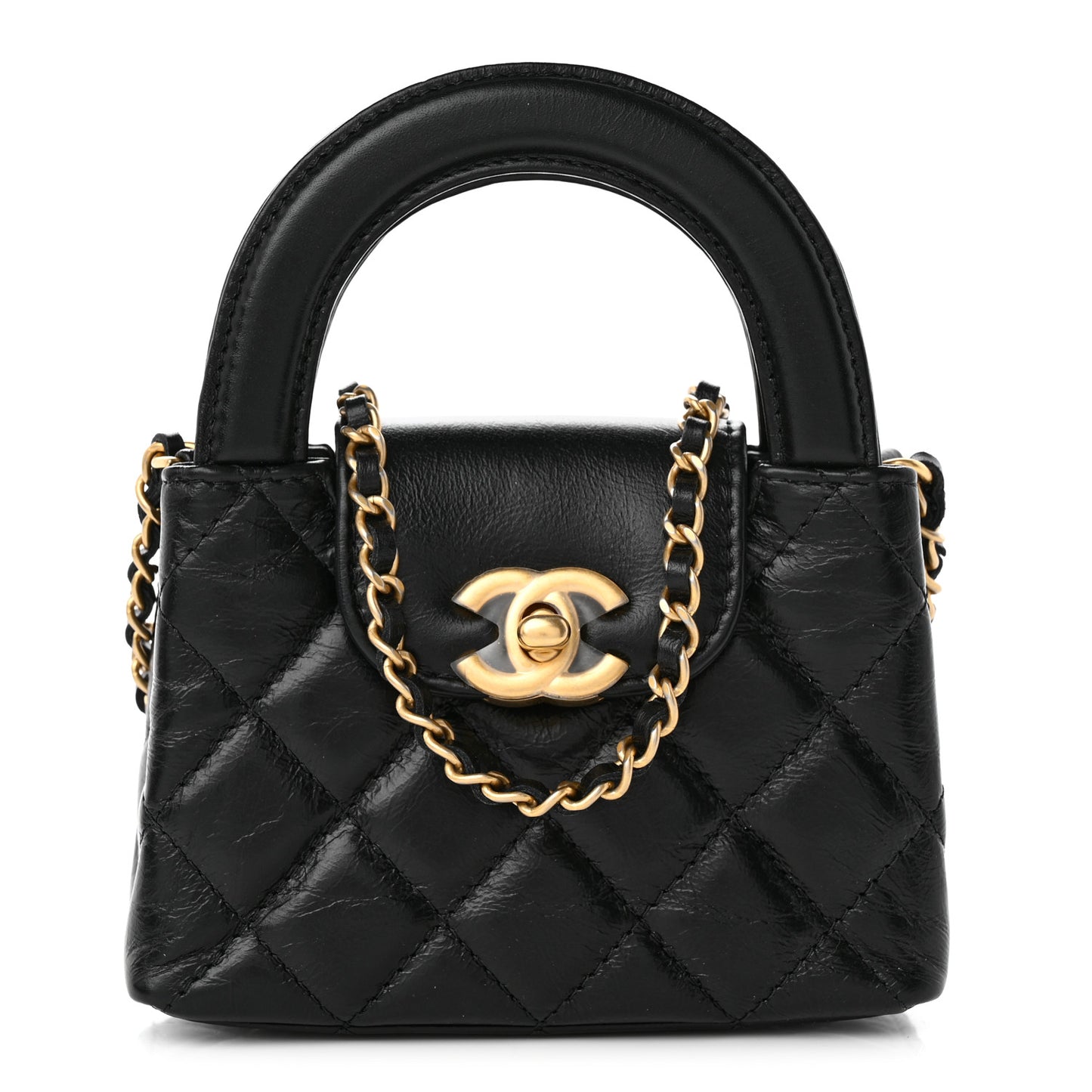 Shiny Aged Calfskin Quilted Mini Nano Kelly Shopper Black