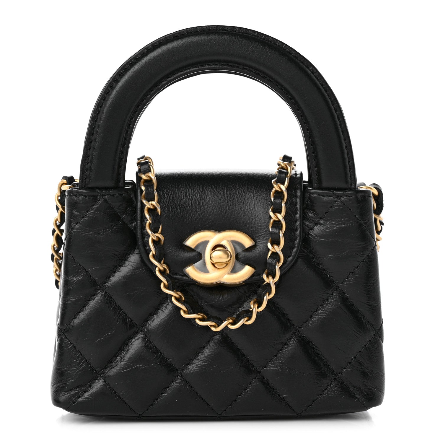 Chanel Shiny Aged Calfskin Quilted Mini Nano Kelly Shopper Black 1 of 9