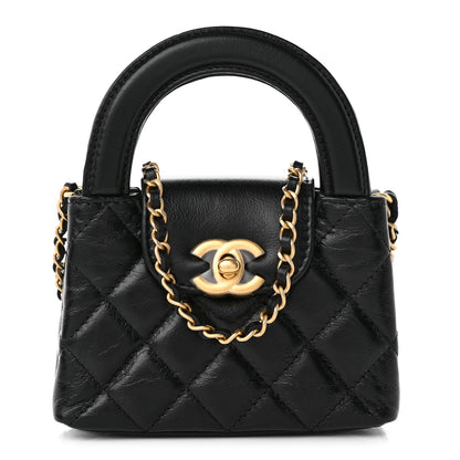 Chanel Shiny Aged Calfskin Quilted Mini Nano Kelly Shopper Black 1 of 9