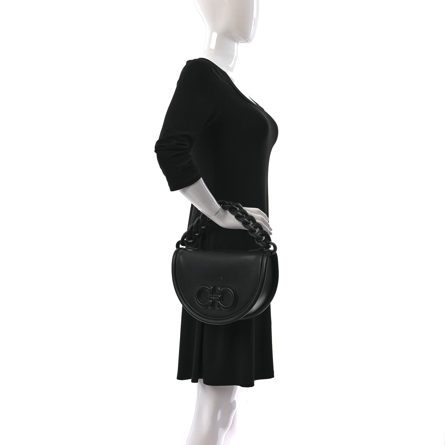 Salvatore Ferragamo Calfskin Aura Shoulder Bag Black 2 of 8