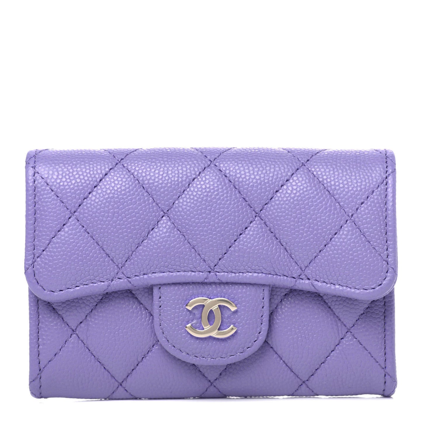 Caviar Quilted Flap Card Holder Wallet Purple