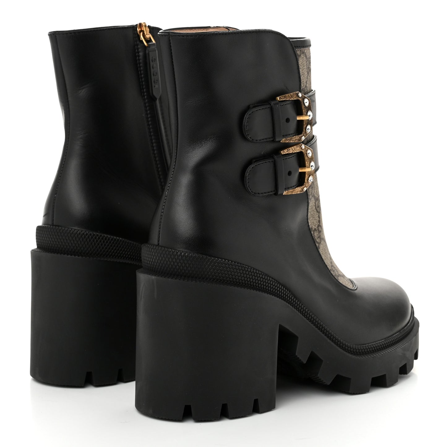 Kensington Calfskin Nappa GG Supreme Monogram Womens Double Buckle Ankle Boots 38 Black