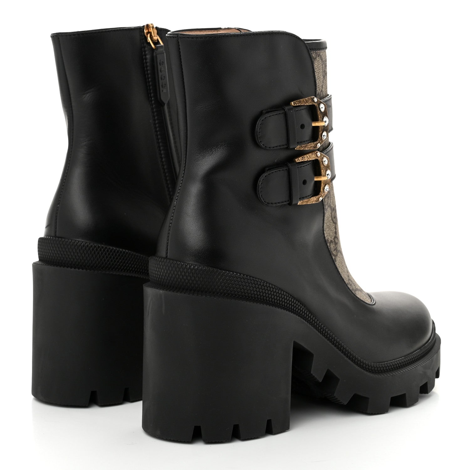 Gucci Kensington Calfskin Nappa GG Supreme Monogram Womens Double Buckle Ankle Boots 38 Black 5 of 11