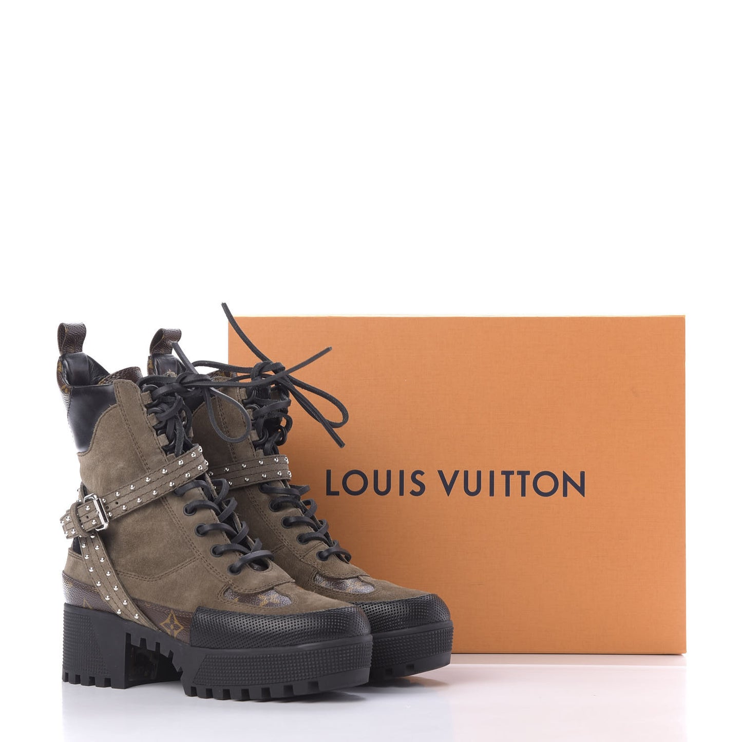 Suede Calfskin Monogram Laureate Platform Desert Boots 36.5 Kaki