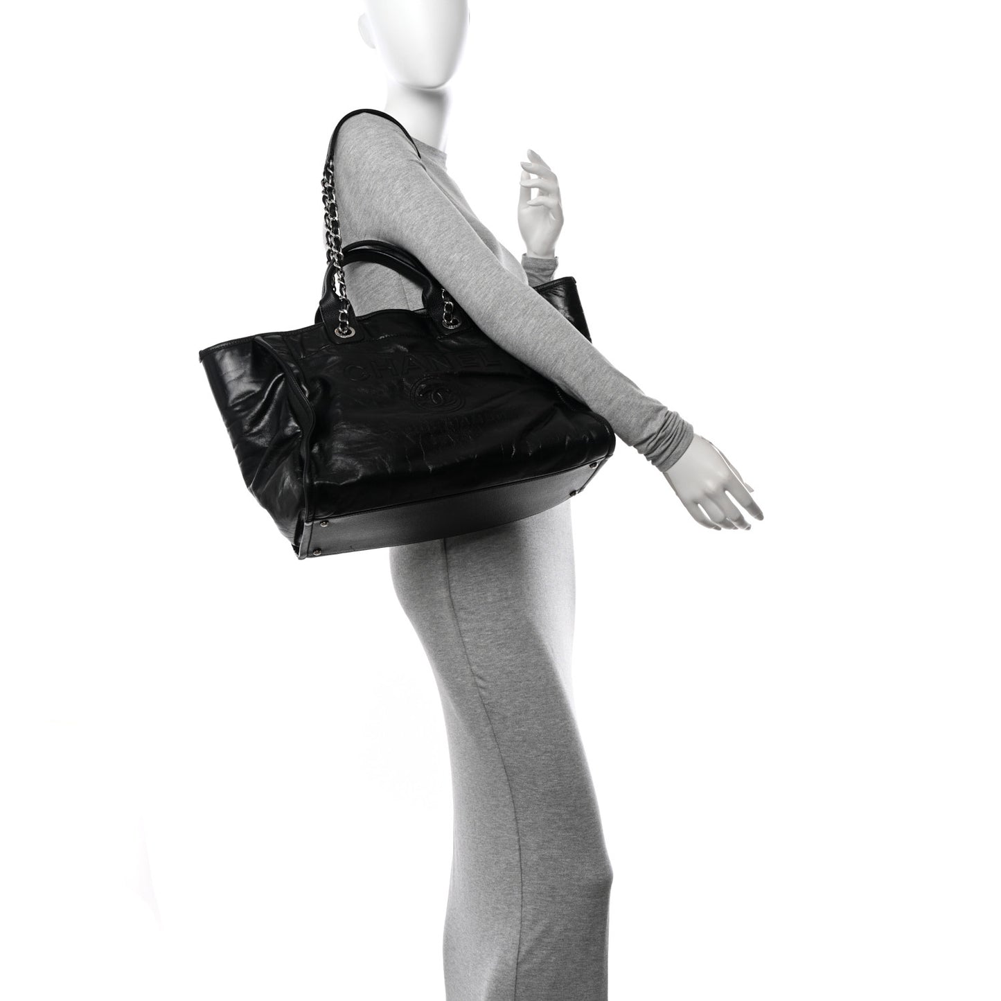 Glazed Calfskin Medium Deauville Tote Black