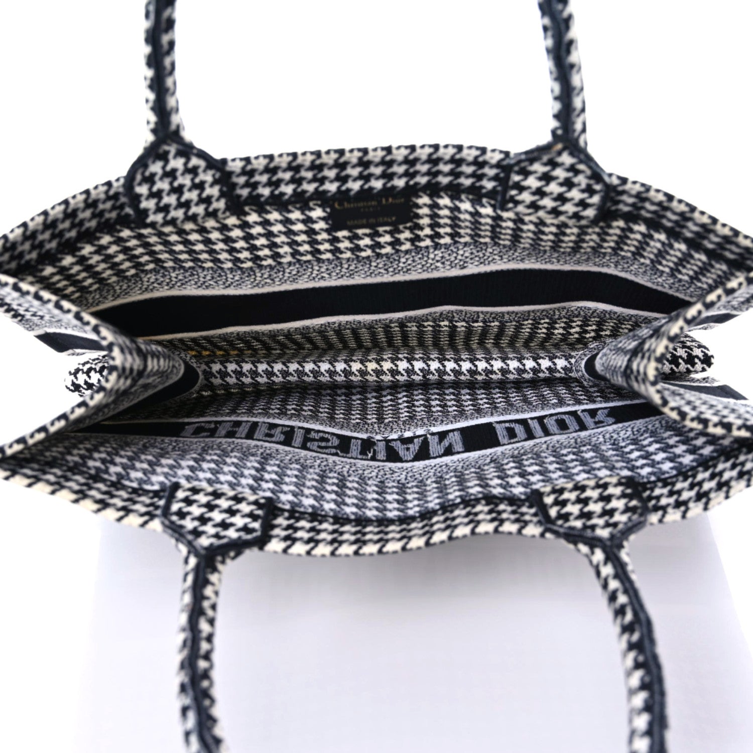Christian Dior Canvas Houndstooth Embroidered Medium Book Tote Black White 11 of 13