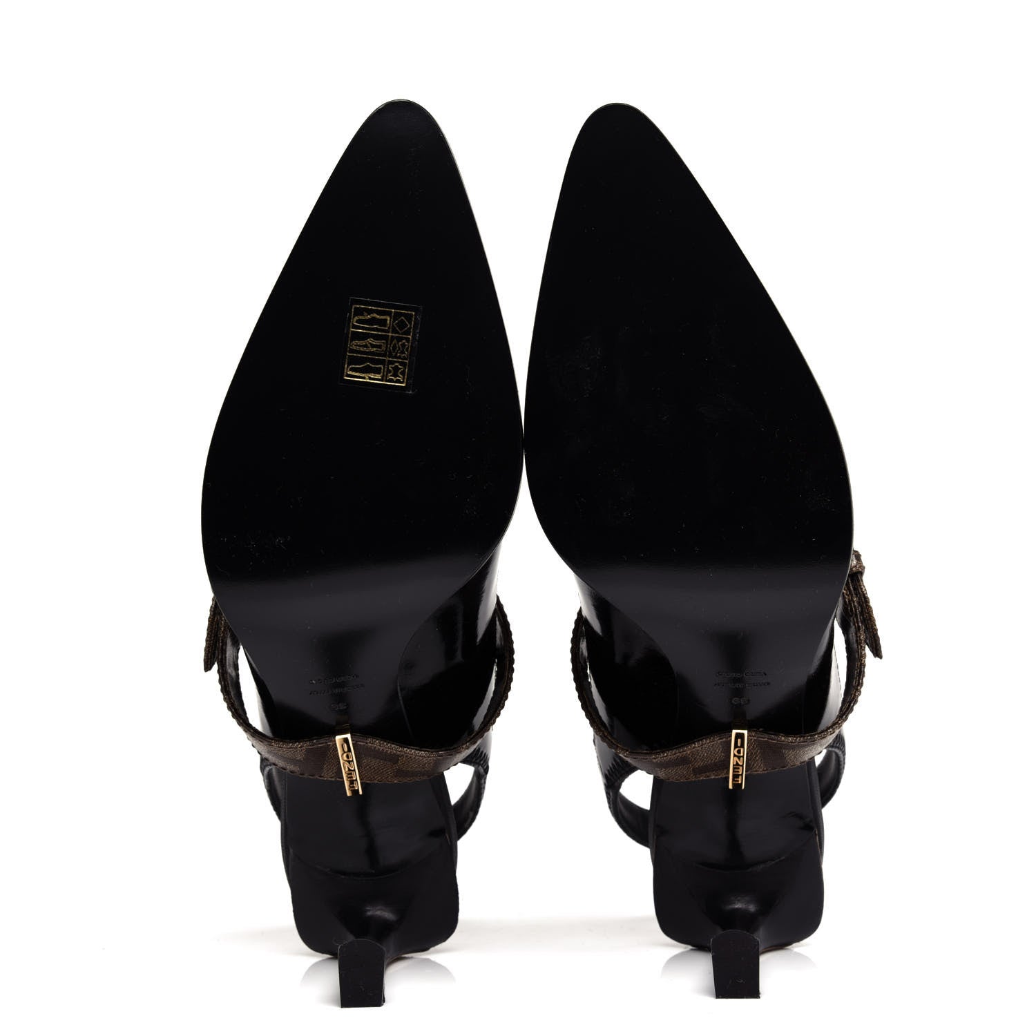 Fendi Glossy Neoprene Glazed Fabric FF FFrame Court Mary Jane Slingback Pumps 39 Black Tobacco Moro 6 of 9
