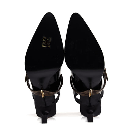 Fendi Glossy Neoprene Glazed Fabric FF FFrame Court Mary Jane Slingback Pumps 39 Black Tobacco Moro 6 of 9