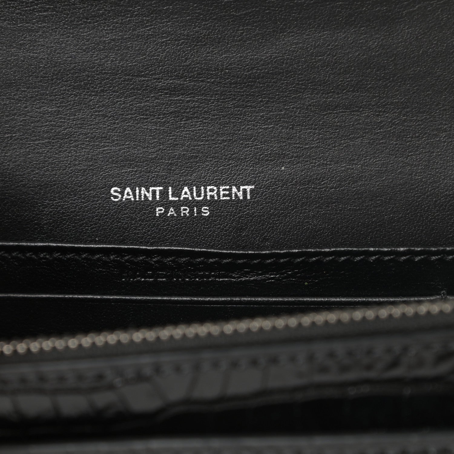 Saint Laurent Calfskin Crocodile Embossed Monogram Sunset Chain Wallet Black 6 of 9