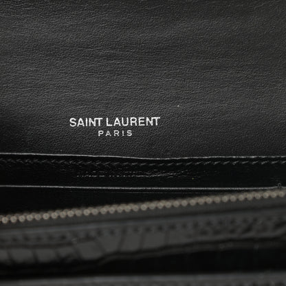 Saint Laurent Calfskin Crocodile Embossed Monogram Sunset Chain Wallet Black 6 of 9
