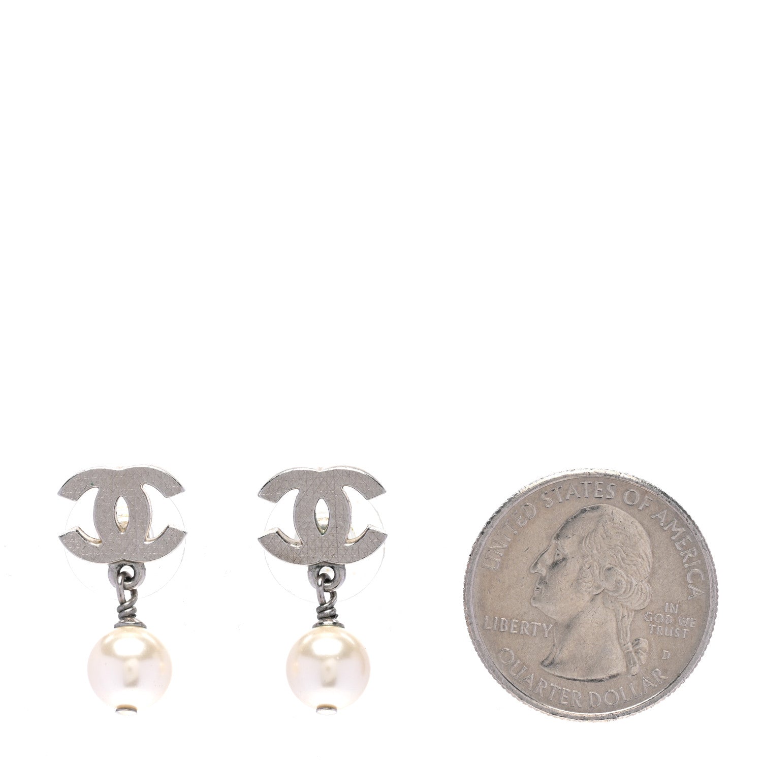 Chanel CC Pearl Drop Earrings Silver 2 of 4