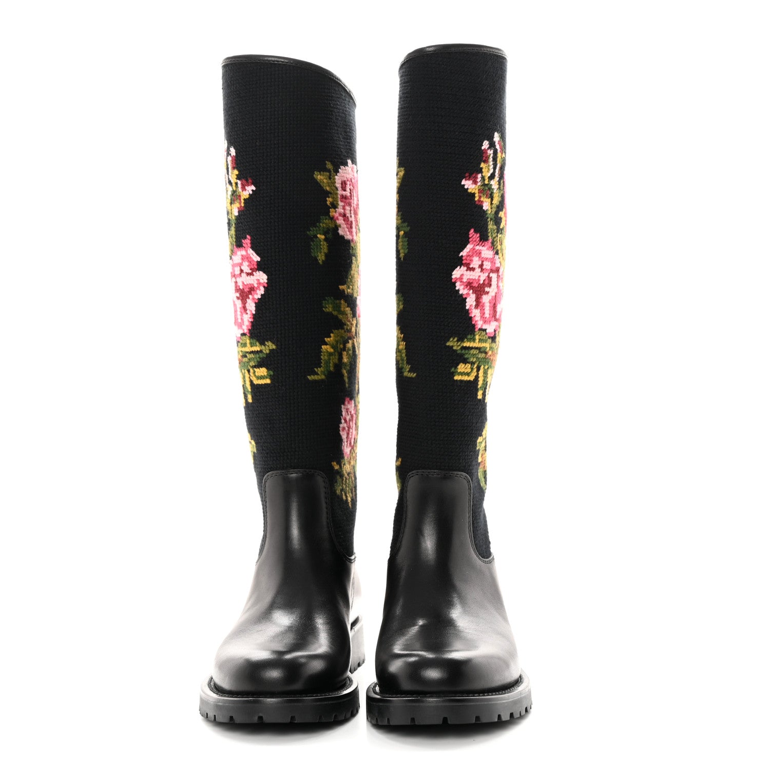 Saint Laurent Calfskin Woven Wool Embroidered Knee High Boots 37 Black 2 of 18