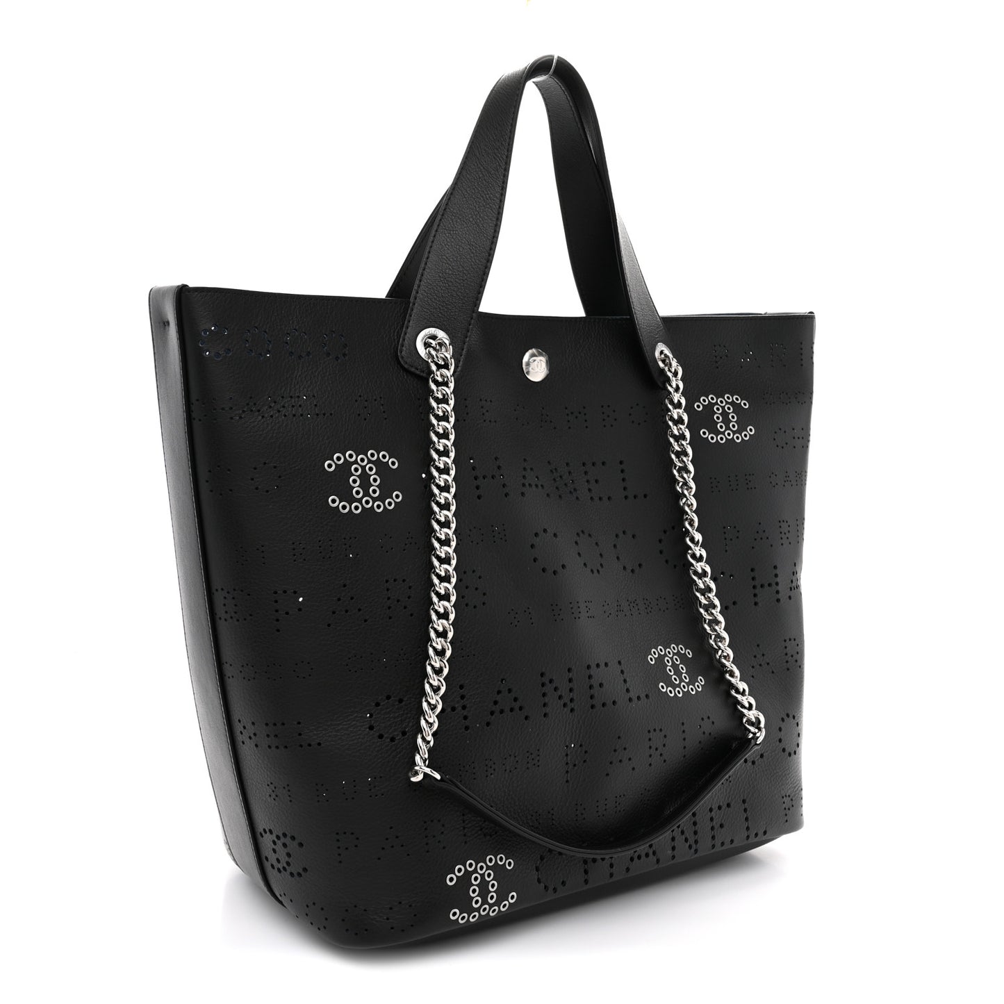 Calfskin Tweed Small Logo Eyelets Shopping Tote Black