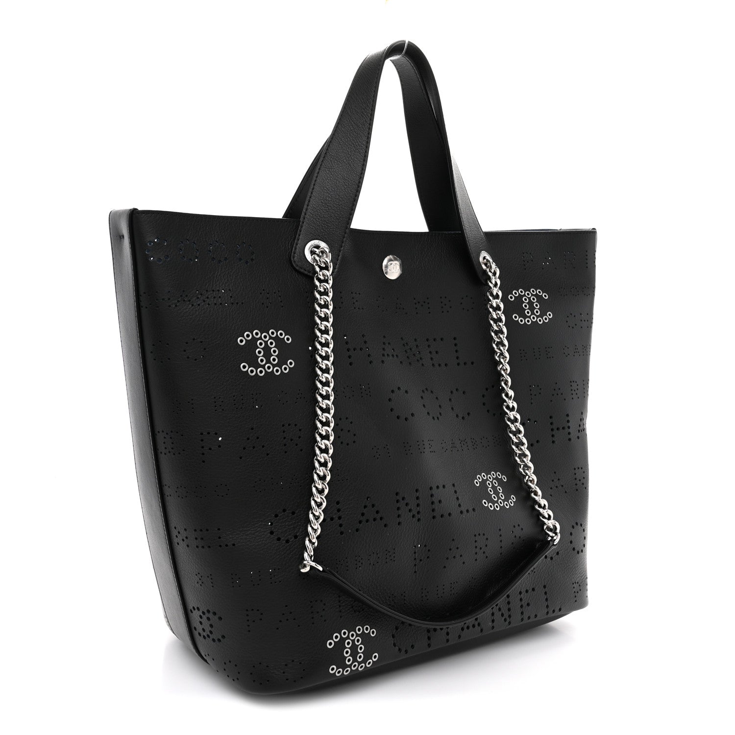 Chanel Calfskin Tweed Small Logo Eyelets Shopping Tote Black 4 of 11