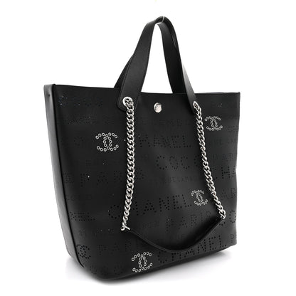 Chanel Calfskin Tweed Small Logo Eyelets Shopping Tote Black 4 of 11