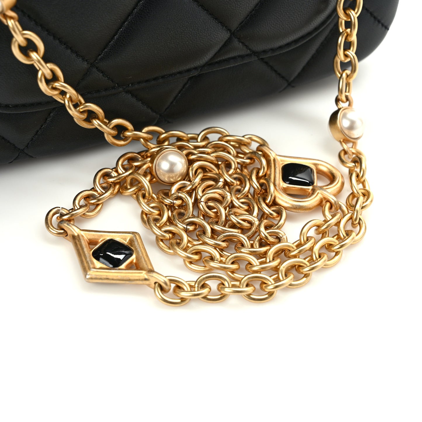 Lambskin Enamel Pearl Quilted Mini Charm Me Square Flap Black
