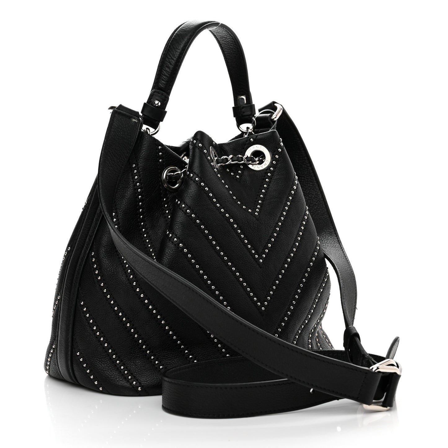 Calfskin Studded Chevron Quilted Stud Wars Drawstring Bag Black