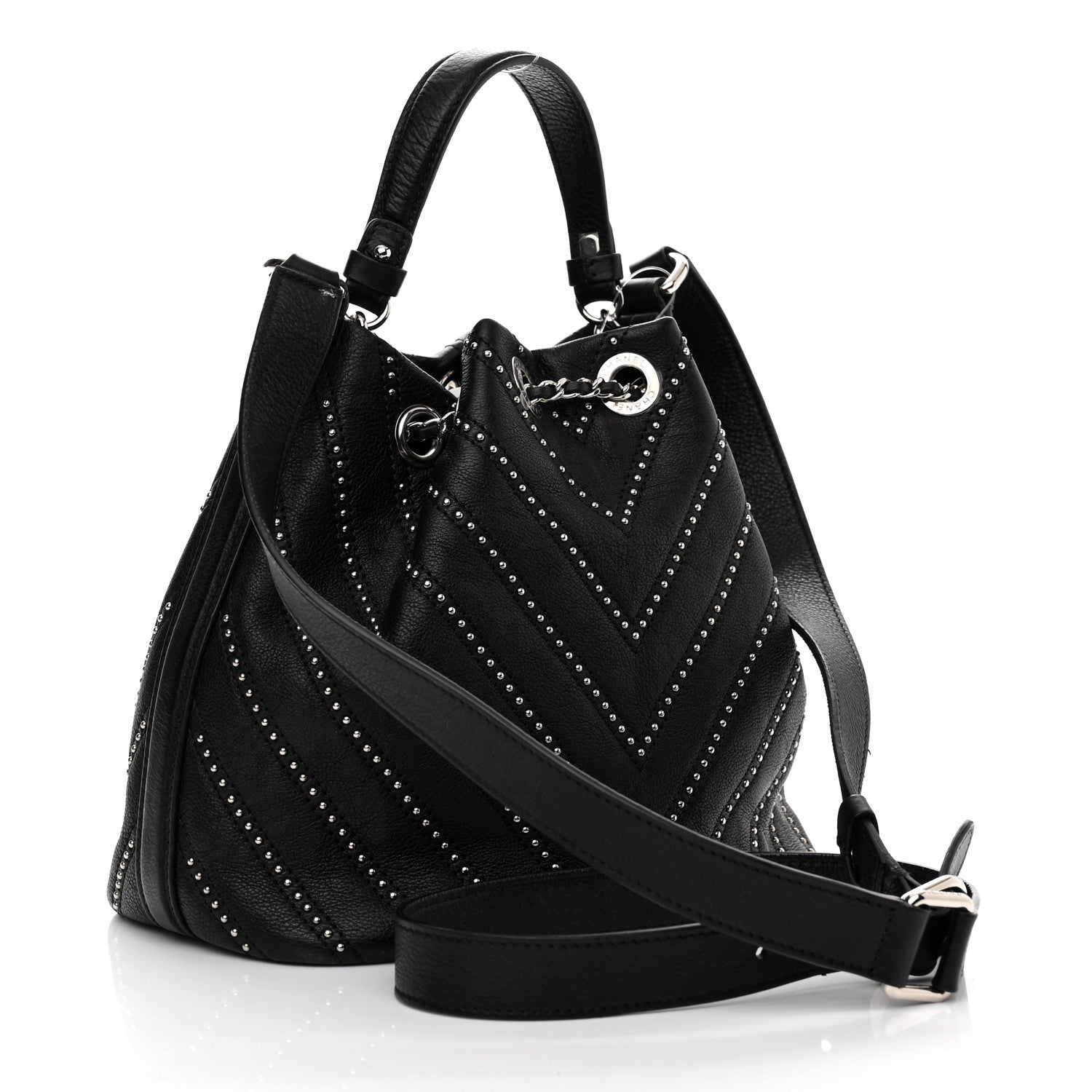 Chanel Calfskin Studded Chevron Quilted Stud Wars Drawstring Bag Black 3 of 11