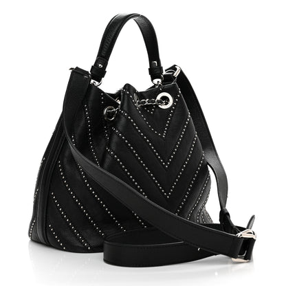 Chanel Calfskin Studded Chevron Quilted Stud Wars Drawstring Bag Black 3 of 11