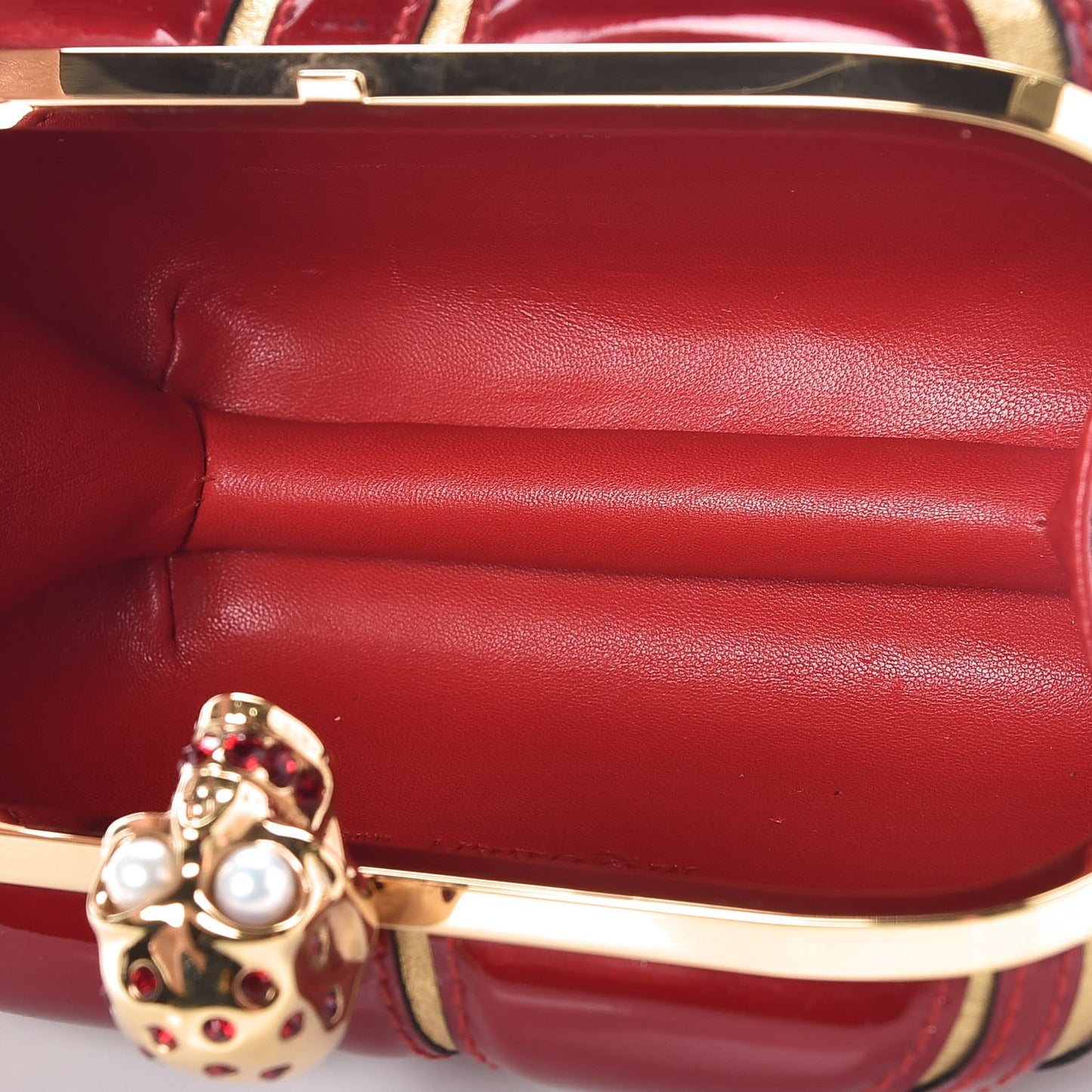 Patent Calfskin Britannia Skull Box Clutch Red Gold