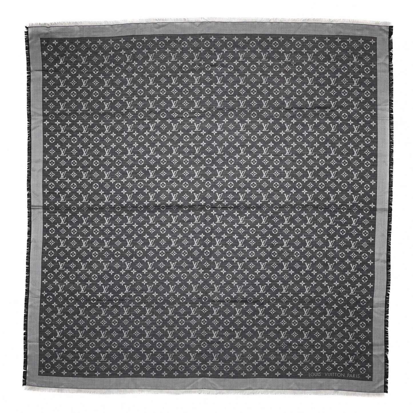 Wool Silk Monogram Denim Shawl Black