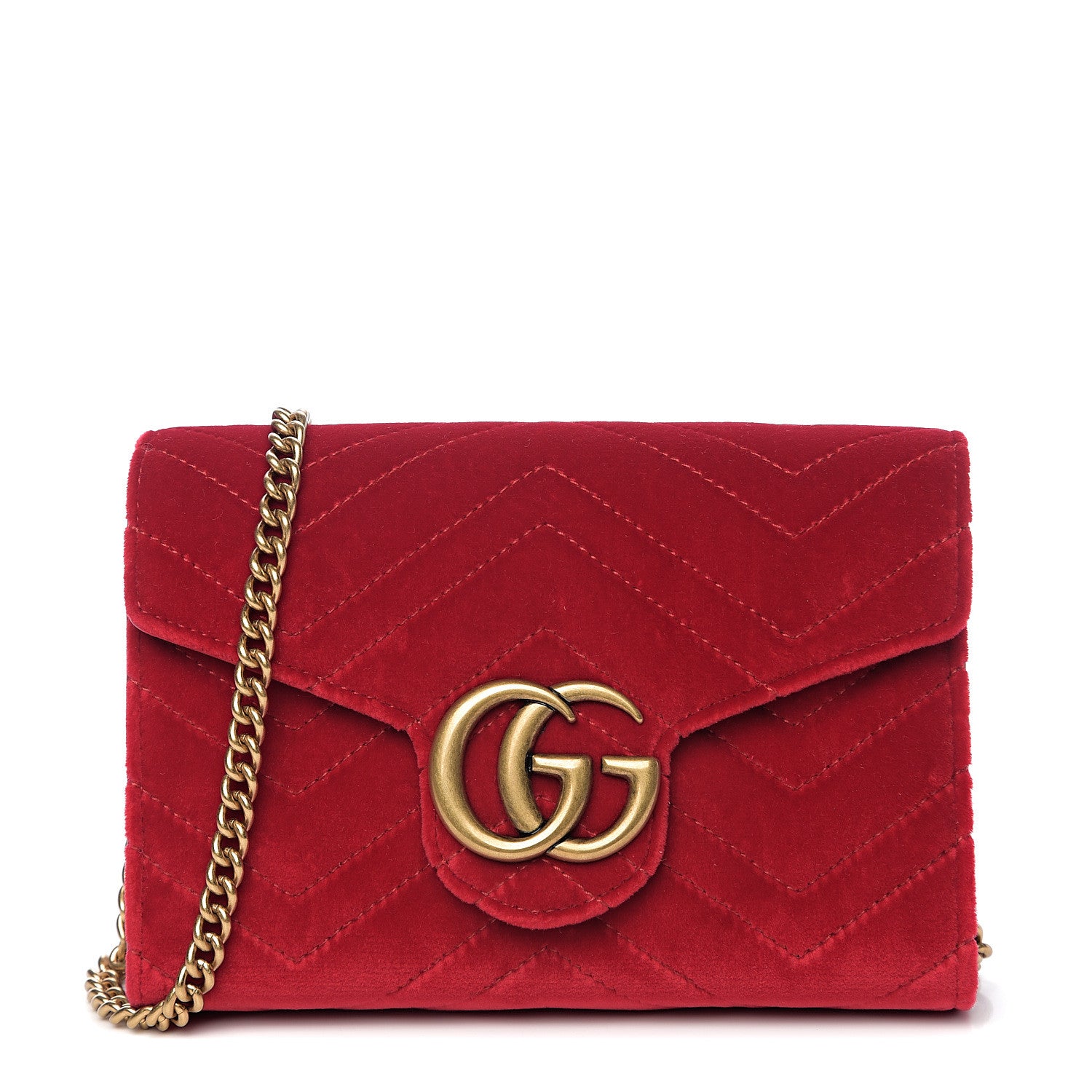 Gucci Velvet Matelasse GG Marmont Chain Wallet Hibiscus Red 1 of 8