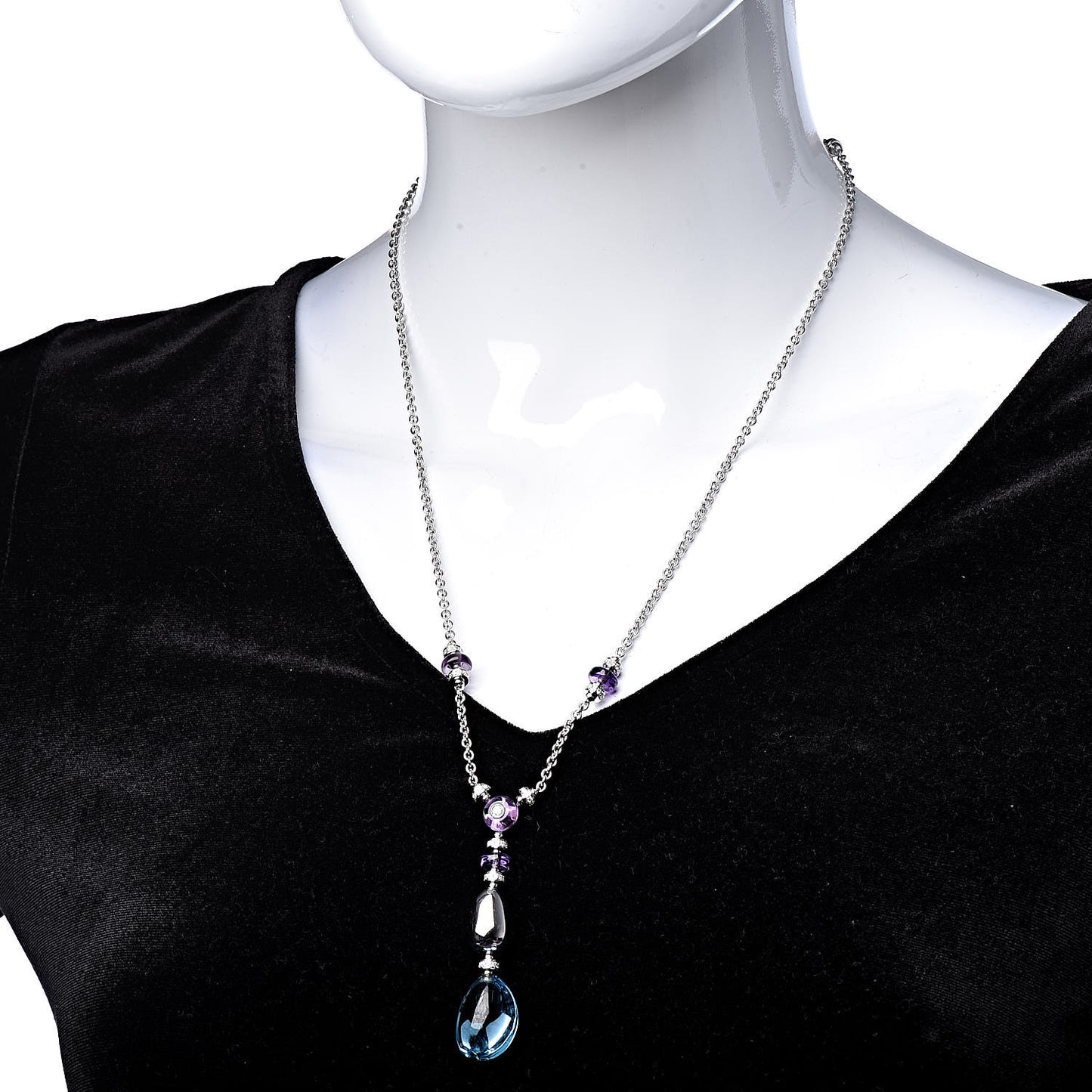 18K White Gold Amethyst Blue Topaz Diamond Lariat Pendant Necklace