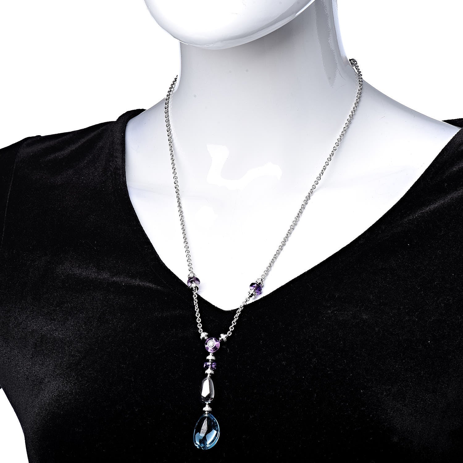 Bulgari 18K White Gold Amethyst Blue Topaz Diamond Lariat Pendant Necklace 2 of 5