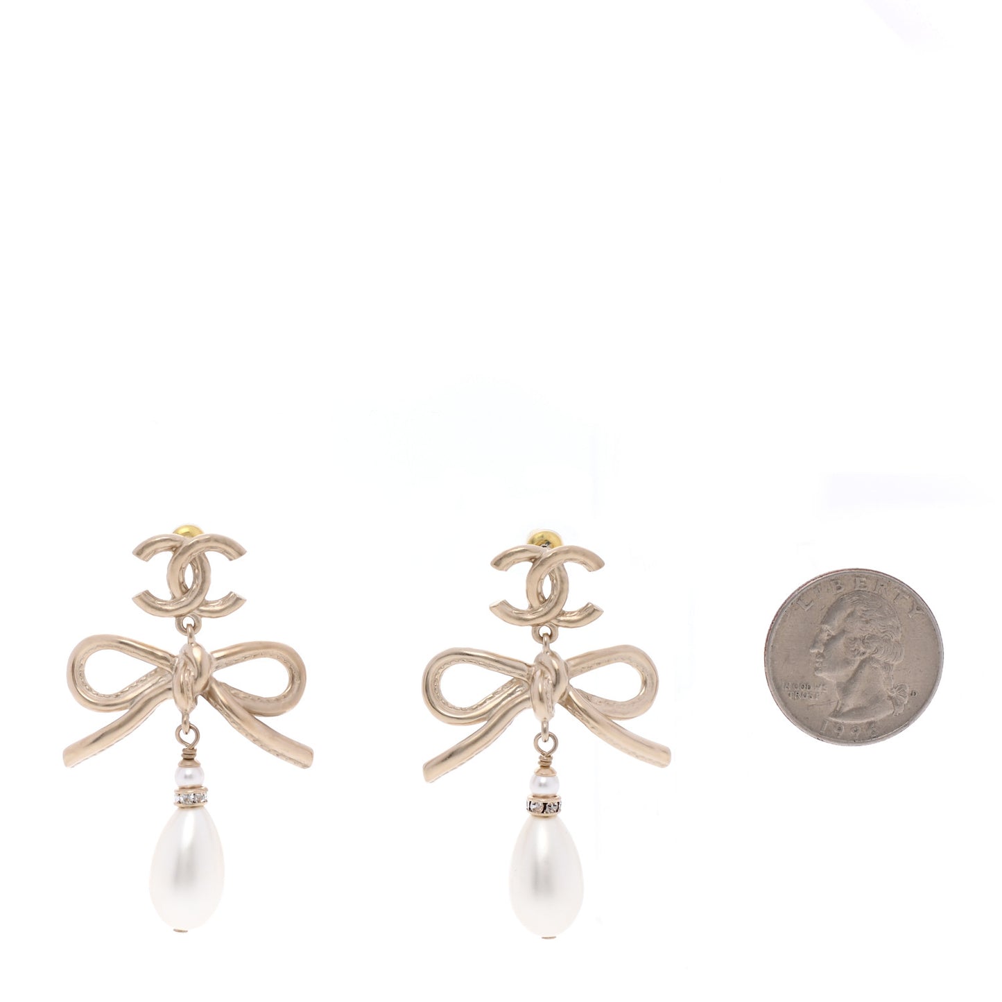 Pearl Bow CC Drop Earrings Gold