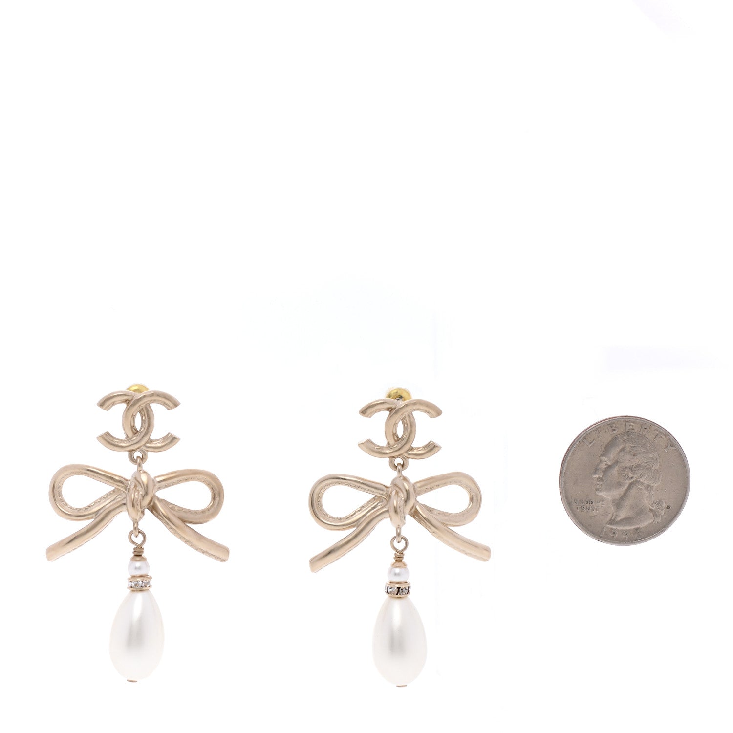 Chanel Pearl Bow CC Drop Earrings Gold 2 of 5